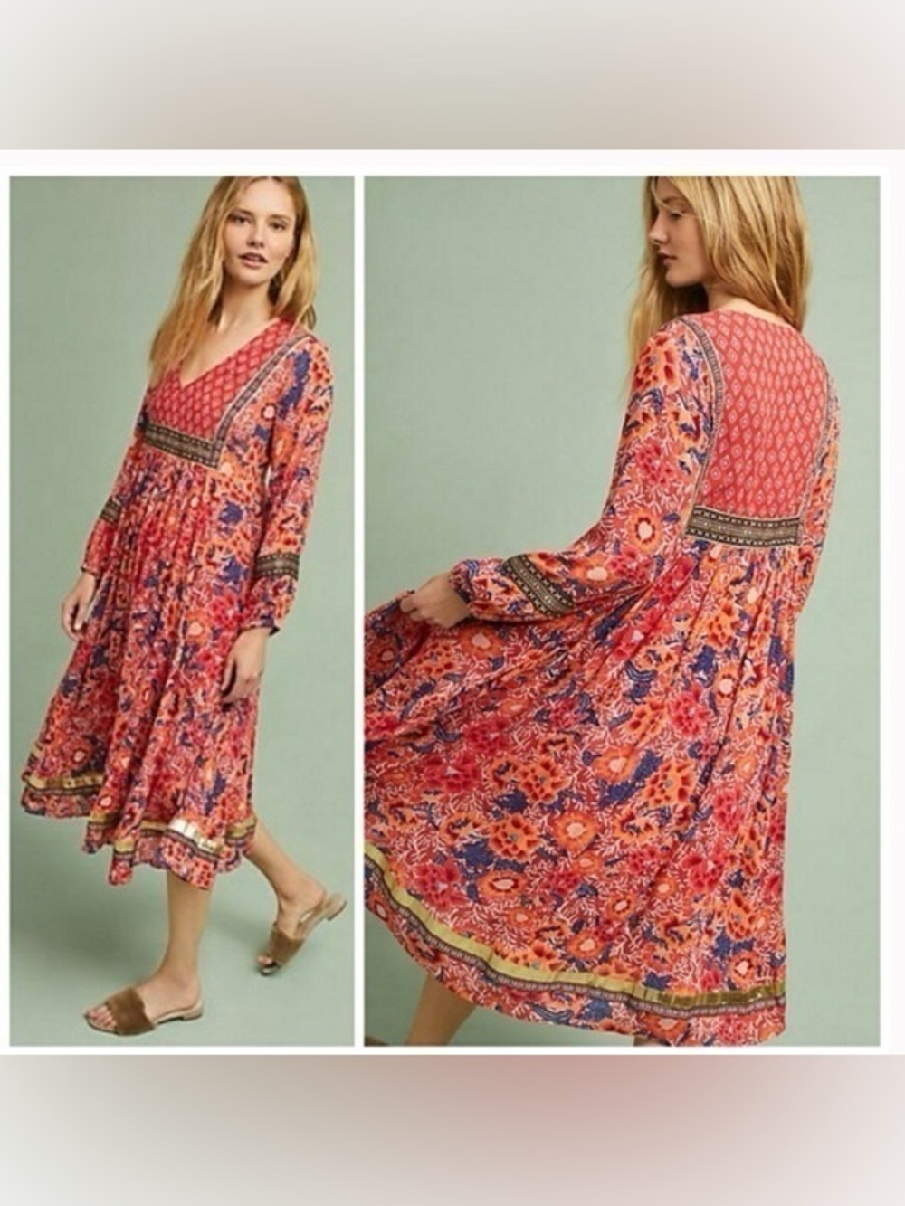 Anthropologie Red Floral Boho Maxi Dress